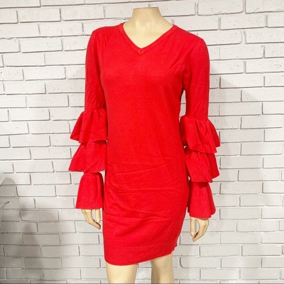 PrettyLittle Thing Red Ruffle Sleeve Knitted Dress - Picture 13 of 13
